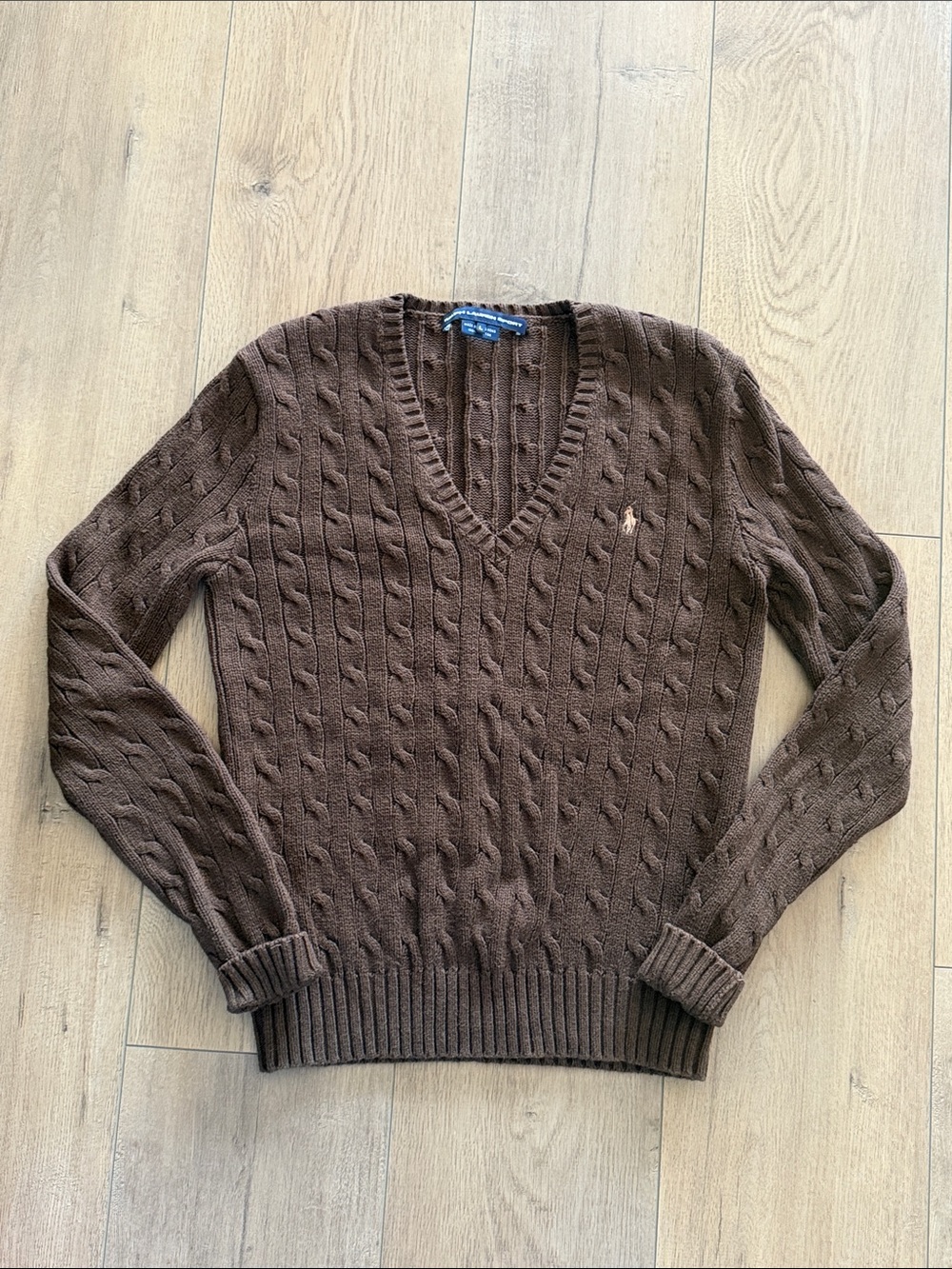 VTG Ralph Lauren Sport Chocolate Brown Cable-Knit V-Neck Sweater Size L Pony - Picture 12 of 12